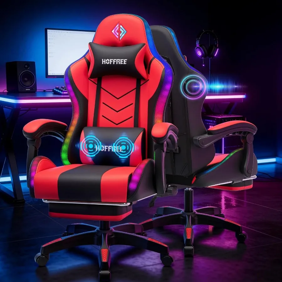 Speakers - เก้าอี้เกมมิ่ง RGB พร้อมลำโพงและไฟ LED ที่เปลี่ยนสีตามจังหวะเพลง เหมาะสำหรับการตั้งค่าพื้นที่เล่นเกม