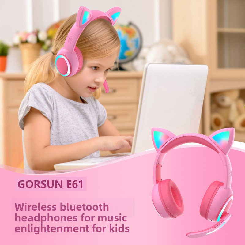 Cat Ear Bluetooth Headset Led - หูฟังบลูทูธดีไซน์รูปหูแมว พร้อมไฟ LED, หูฟังไร้สายสไตล์ยูนิคอร์นสำหรับเด็ก เหมาะสำหรับใช้ในโรงเรียนและระหว่างเดินทาง